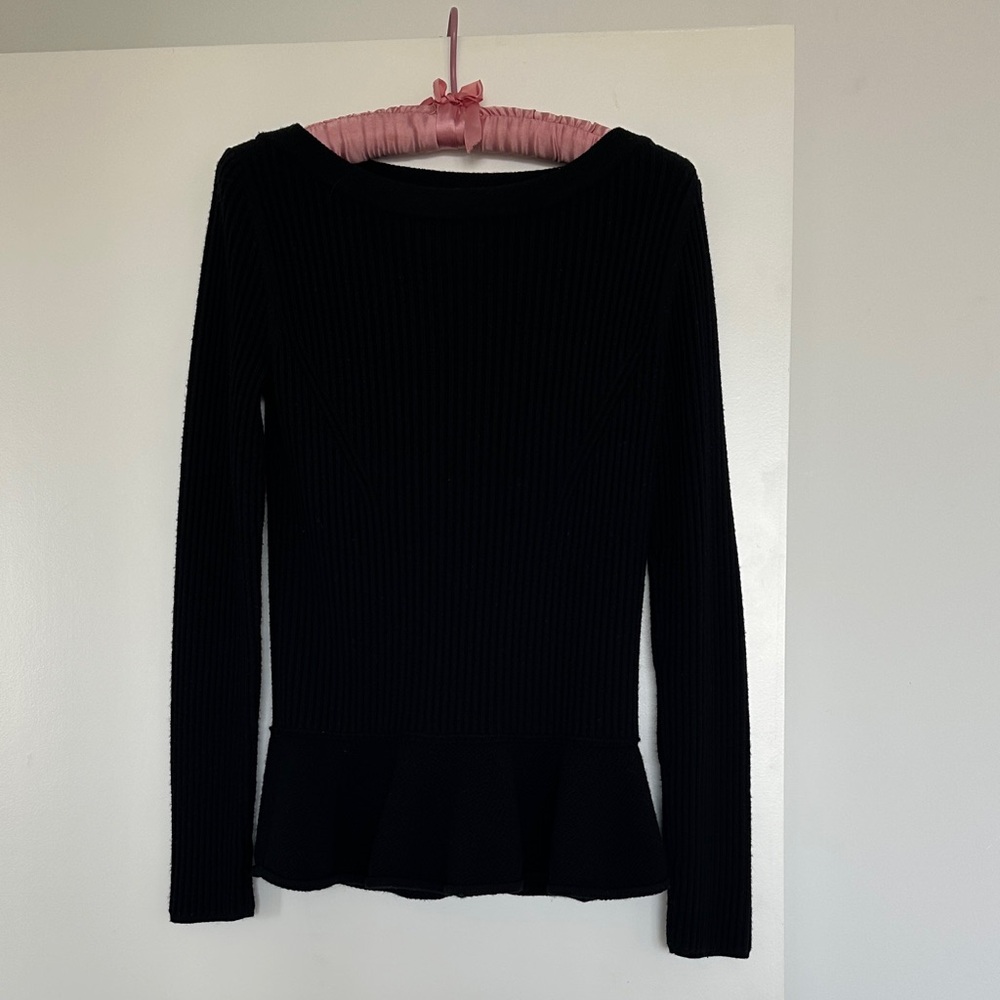 Tory Burch Black Ribbed Long Sleeve Peplum Top